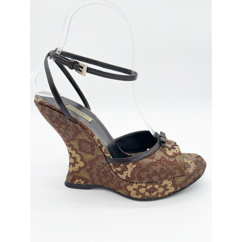 Prada Retro Y2K Brown Bronze Brocade Lurex Bow Sculptural Wedge Sandals IT 36.5 - Picture 4 of 14